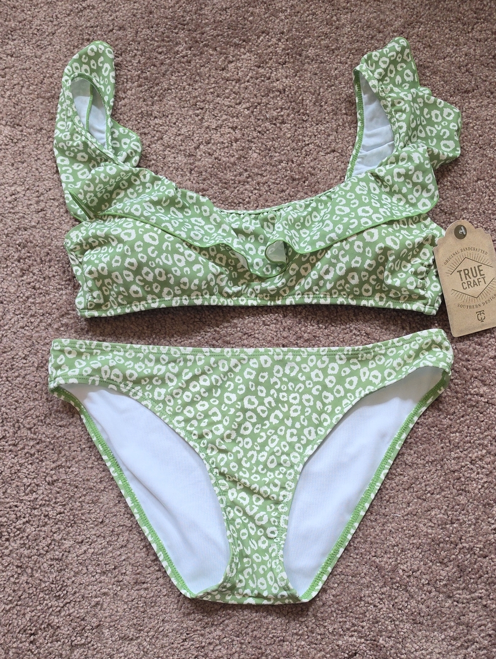 True Craft Green and White Leopard Print Ruffle Bikini